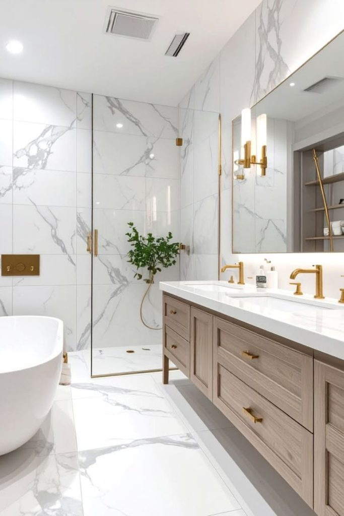 Luxurious white marble ensuite bathroom design.