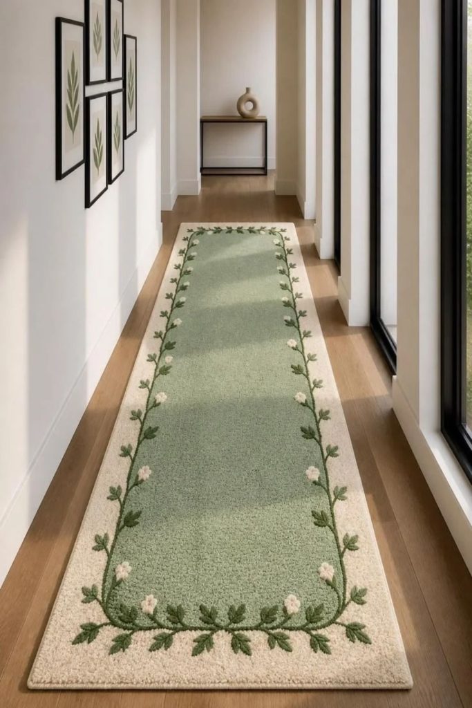 Green botanical hallway runner decor.