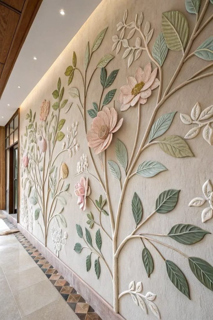 Botanical relief textured wall panels.