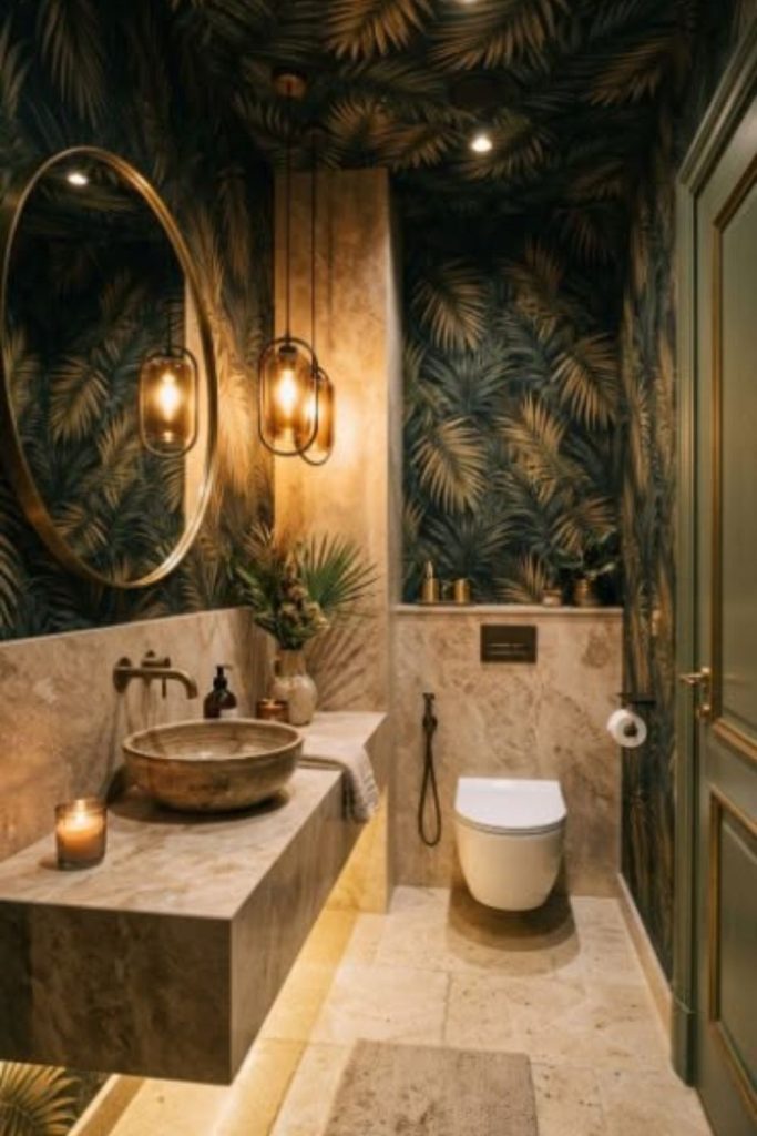 Botanical wallpaper powder room oasis.