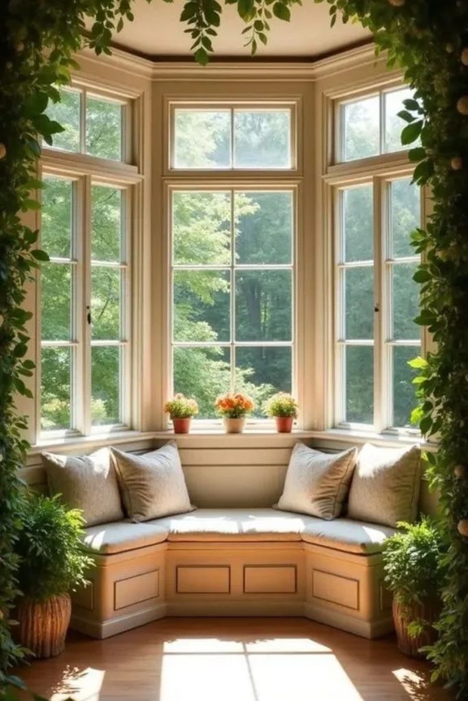 Botanical bay window with greenery.