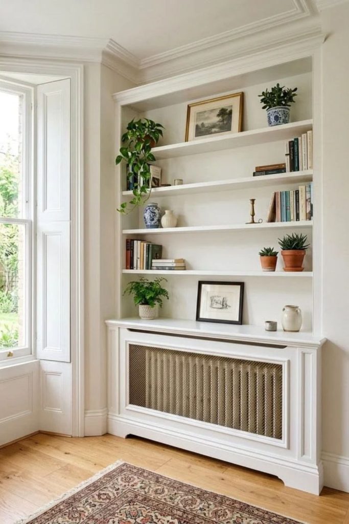 Built-in radiator cover with bookshelves.