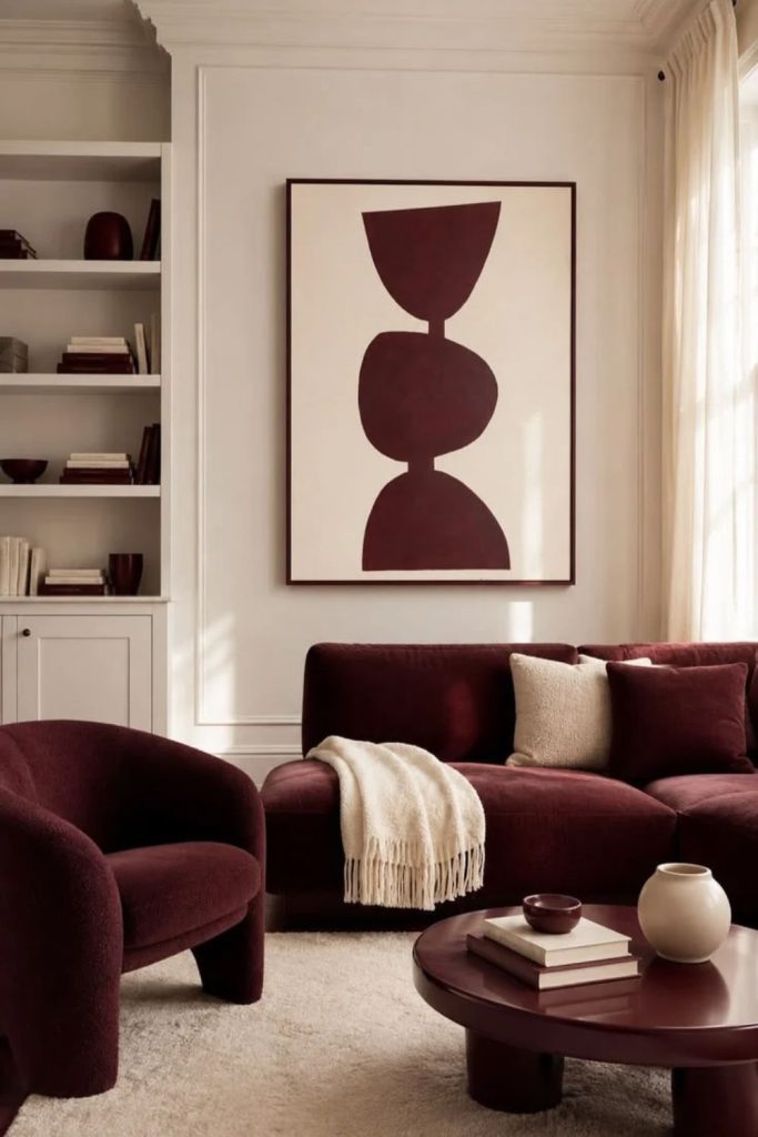 Burgundy winter living room with velvet.