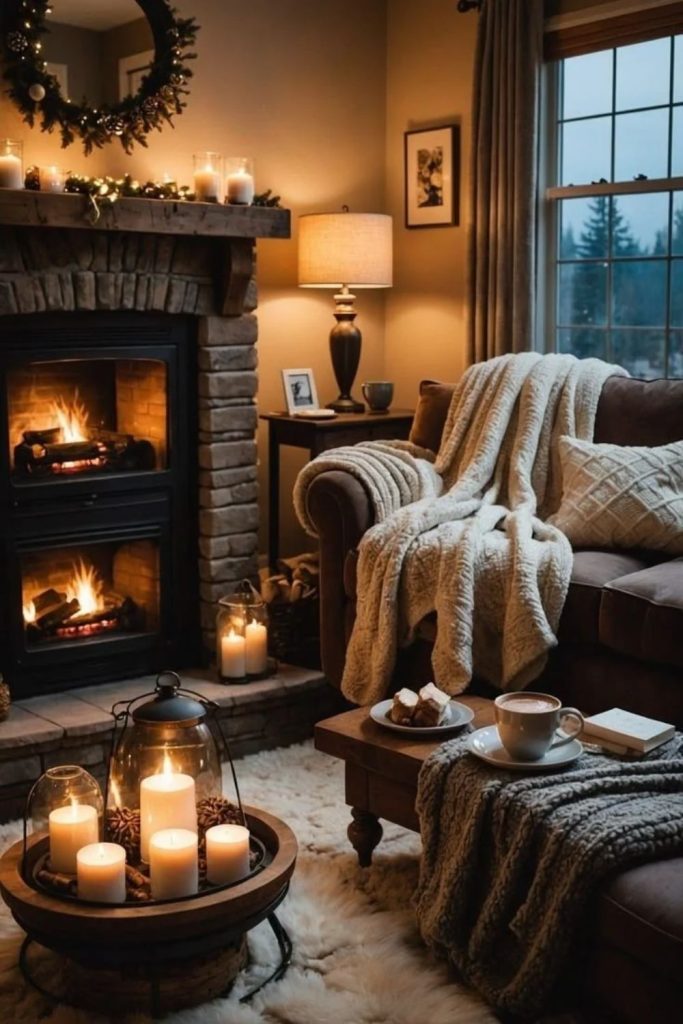 Candlelit winter living room with warmth.