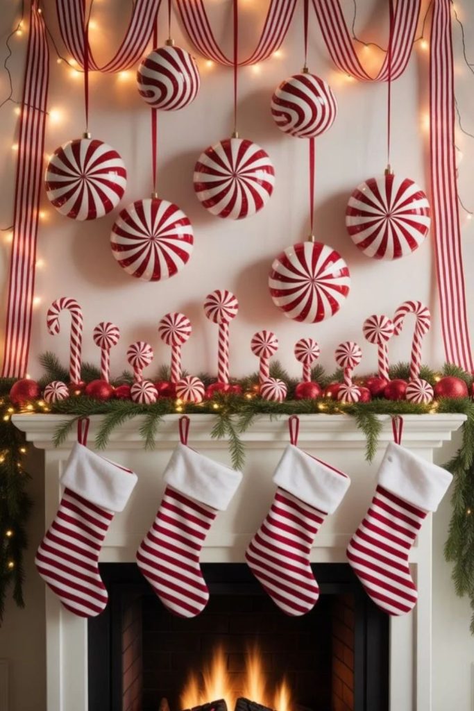 Whimsical candy cane Christmas mantel décor.