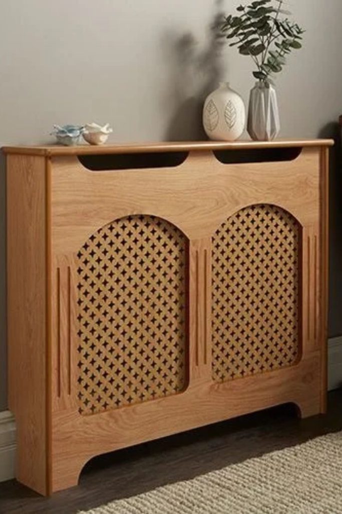 Natural cane weave radiator cover.