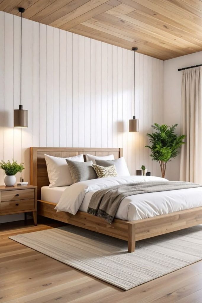Ceiling-height shiplap wall in tall room.