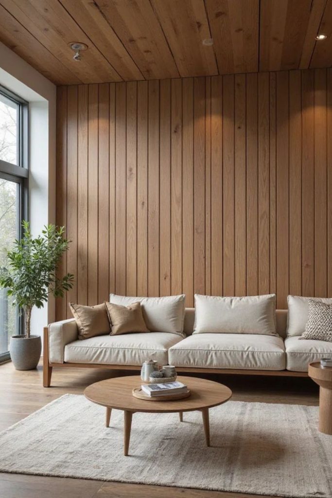 Ceiling height timber wall panels.