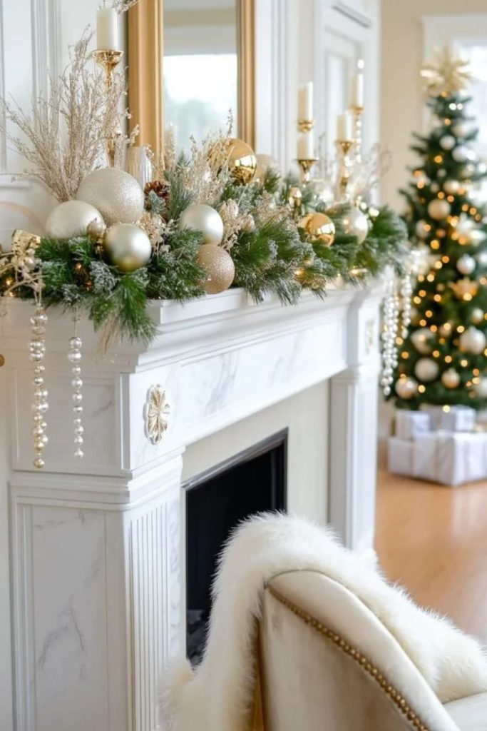 Luxurious champagne Christmas mantel with ribbons.