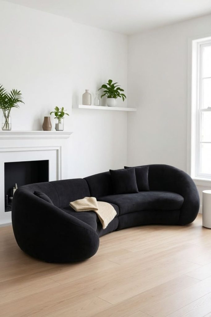 Charcoal curved sofa in modern room.