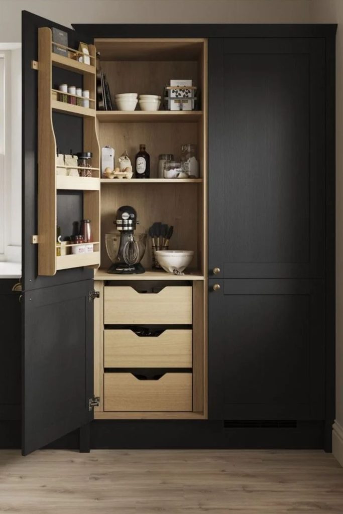 Charcoal Shaker larder with timber interior.