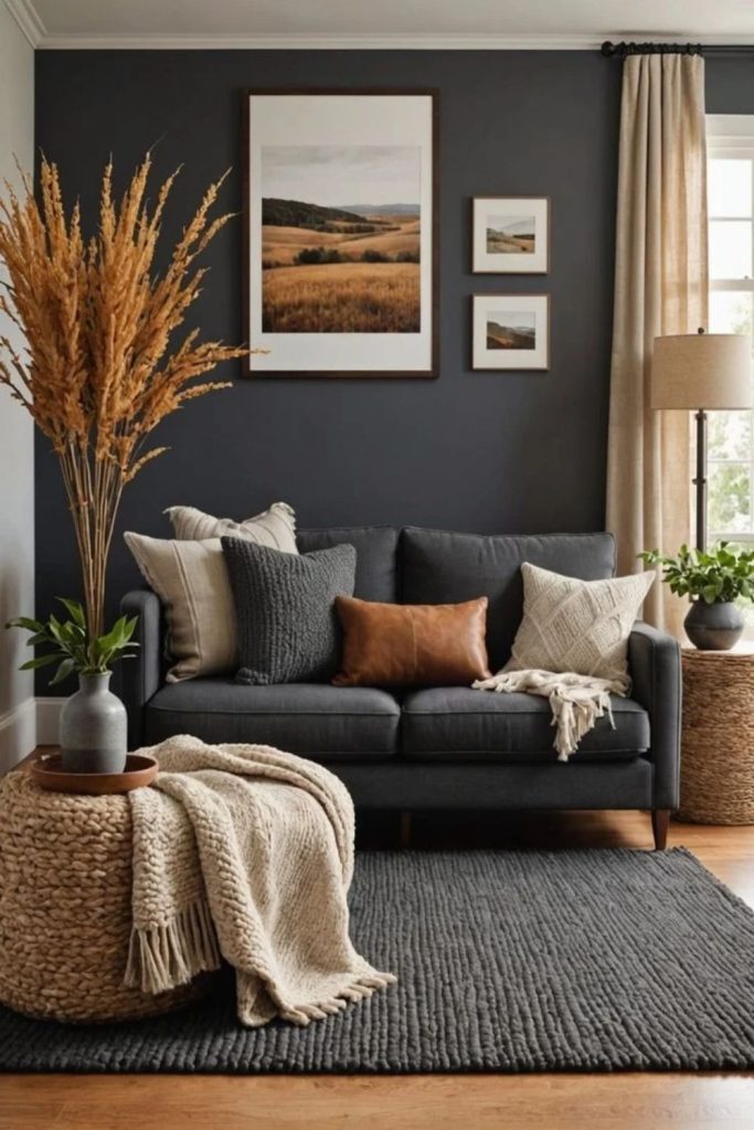 Charcoal camel living room with warmth.