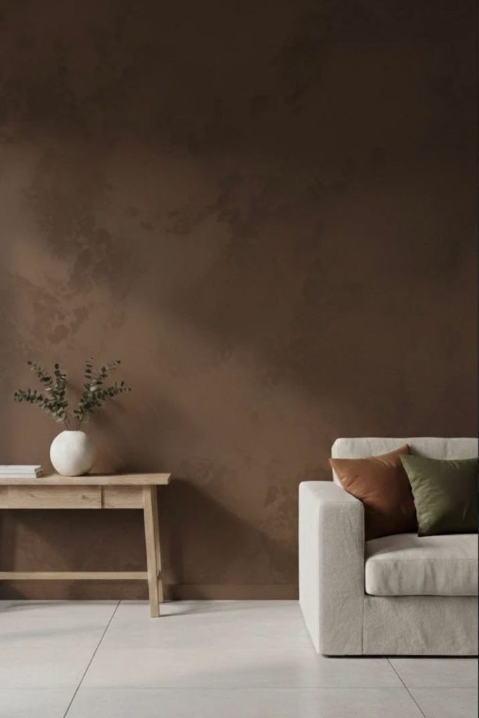 Charred umber moody limewash wall.