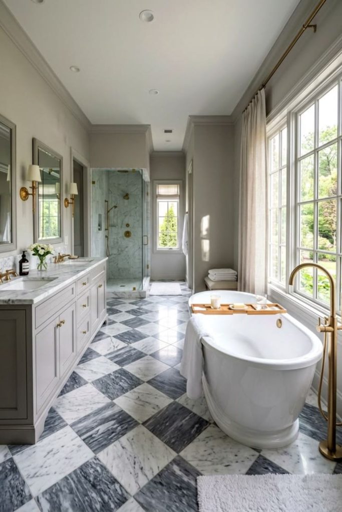 Elegant checkerboard bathroom floor design.