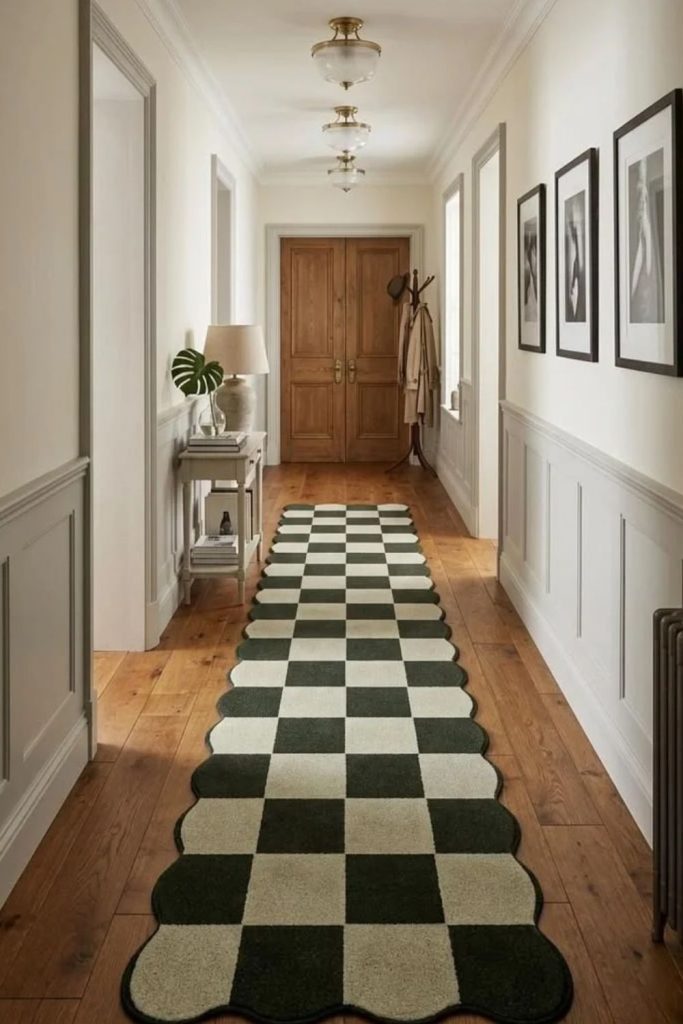Checkerboard patterned hallway runner.