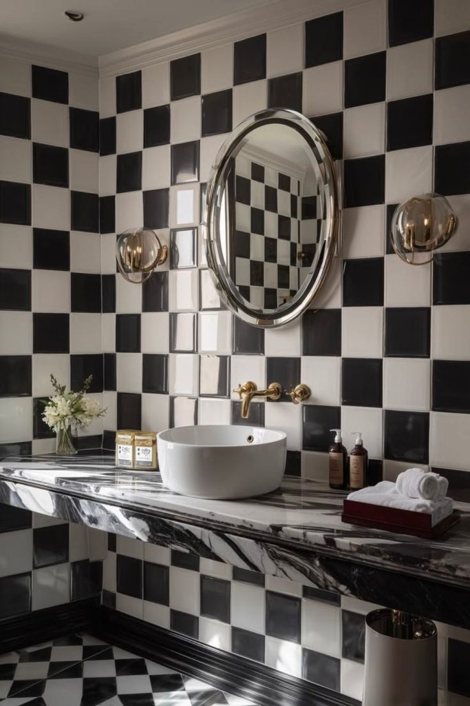 Chic checkerboard powder room design.