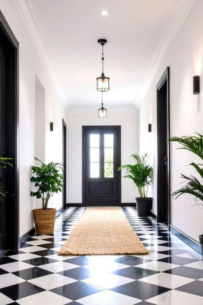 Dramatic checkerboard entryway flooring design.