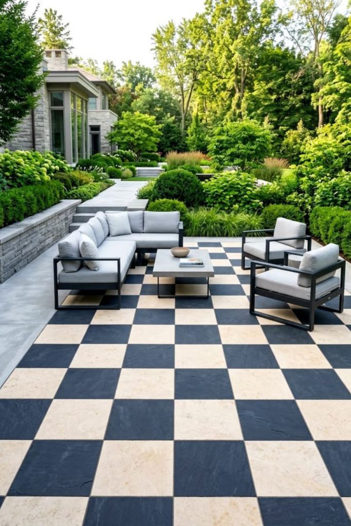 Elegant outdoor checkerboard patio flooring.