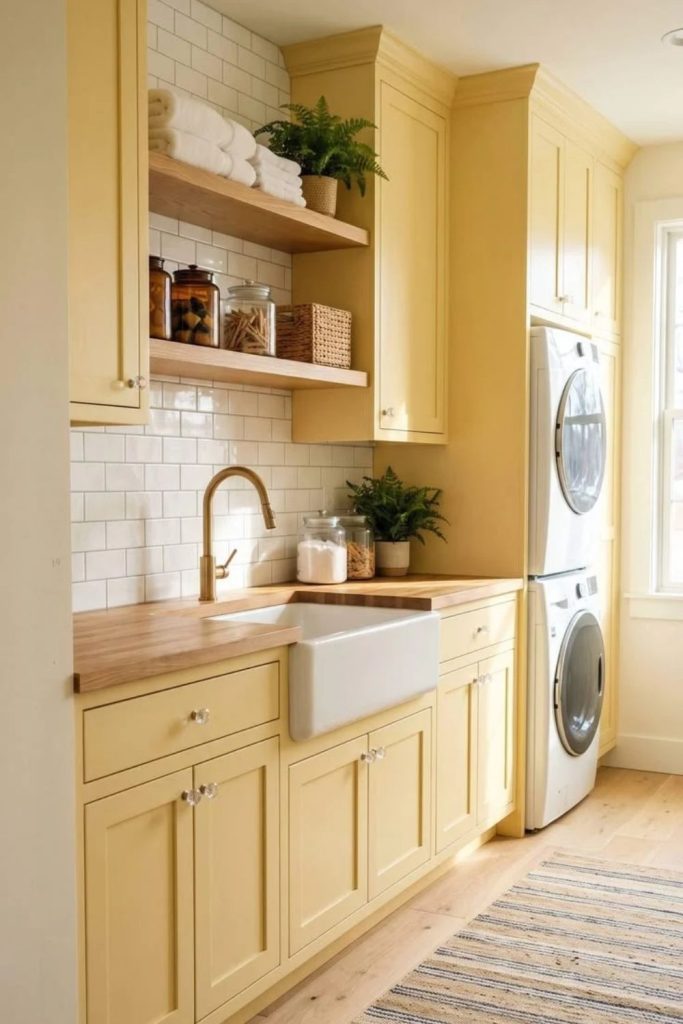 Cheerful yellow utility room interior.