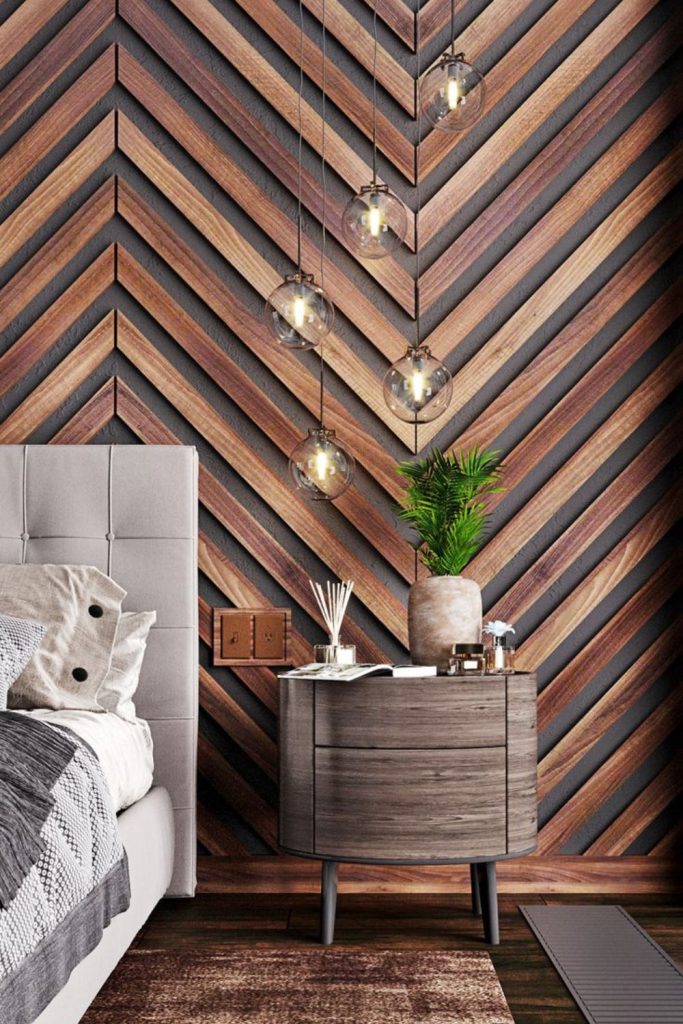 Chevron patterned wooden wall paneling.