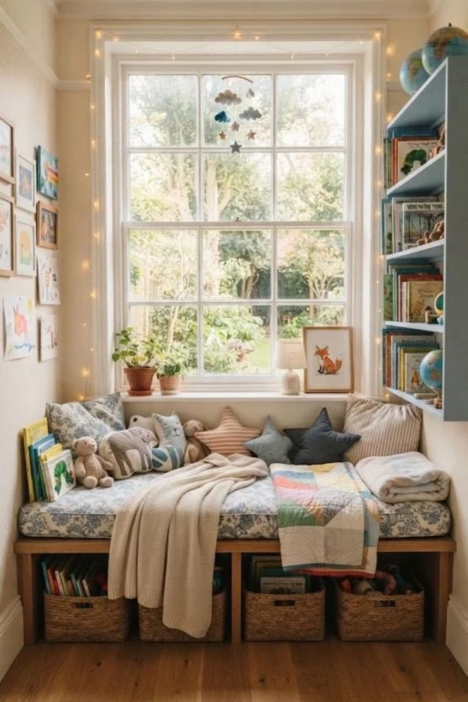 Cozy children’s bay window corner.