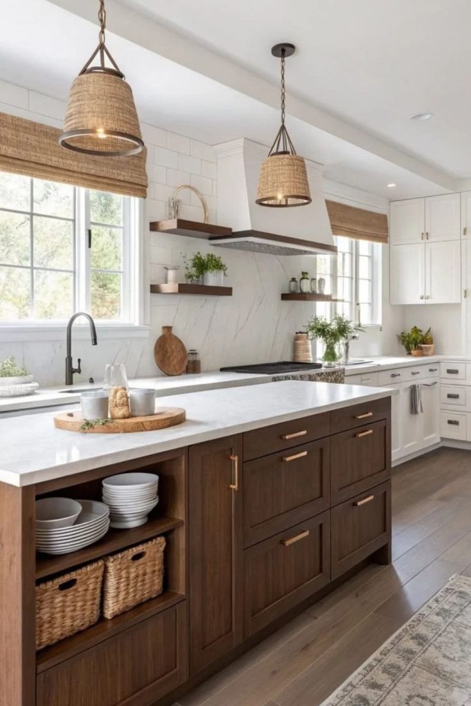 Coastal chocolate brown kitchen interior