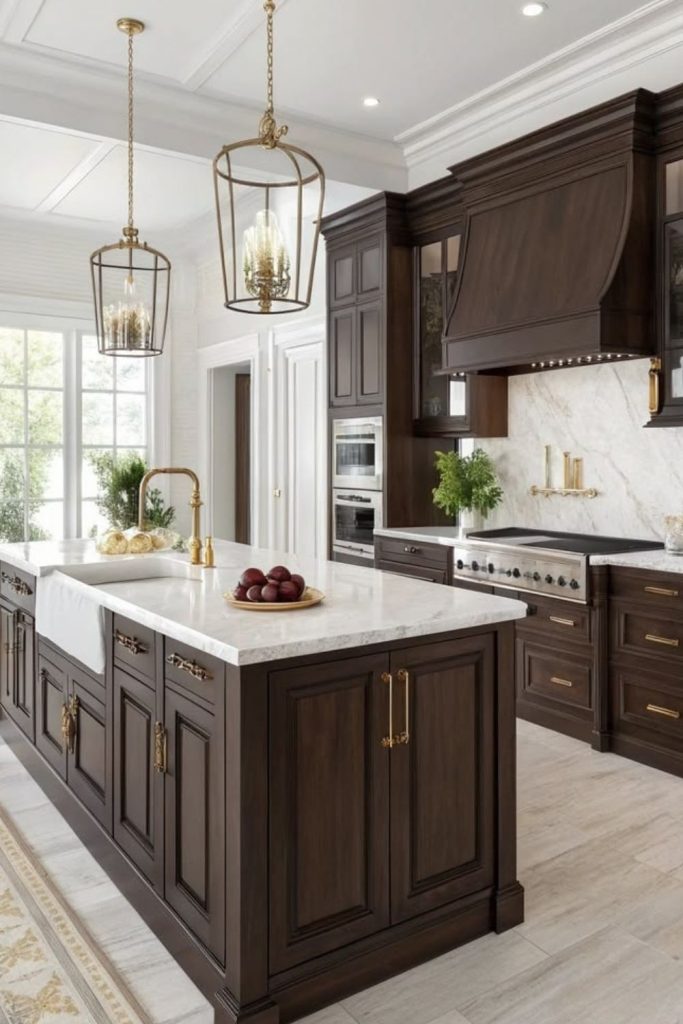 Chocolate island neutral kitchen design