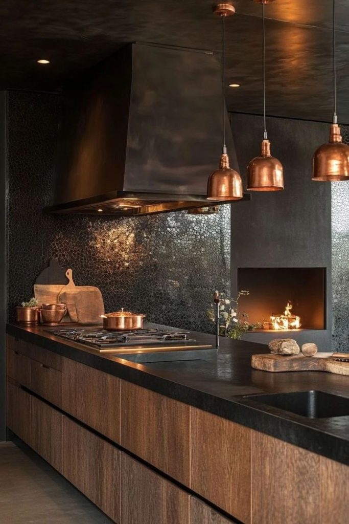 Chocolate kitchen with copper accents