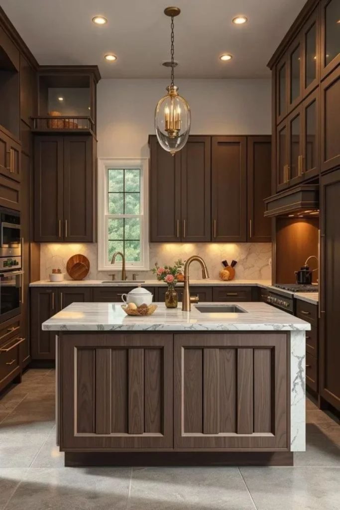 Luxe chocolate farmhouse kitchen interior