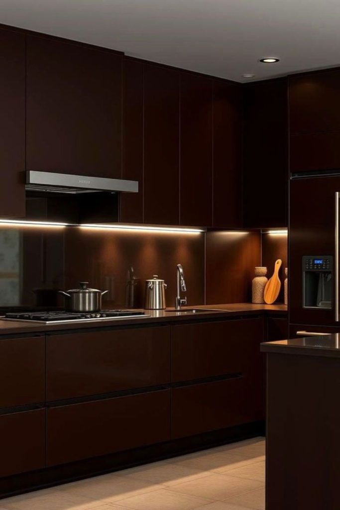 Minimalist chocolate brown kitchen design
