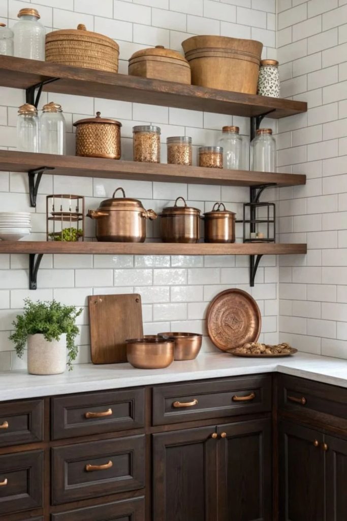 Chocolate brown open shelving kitchen
