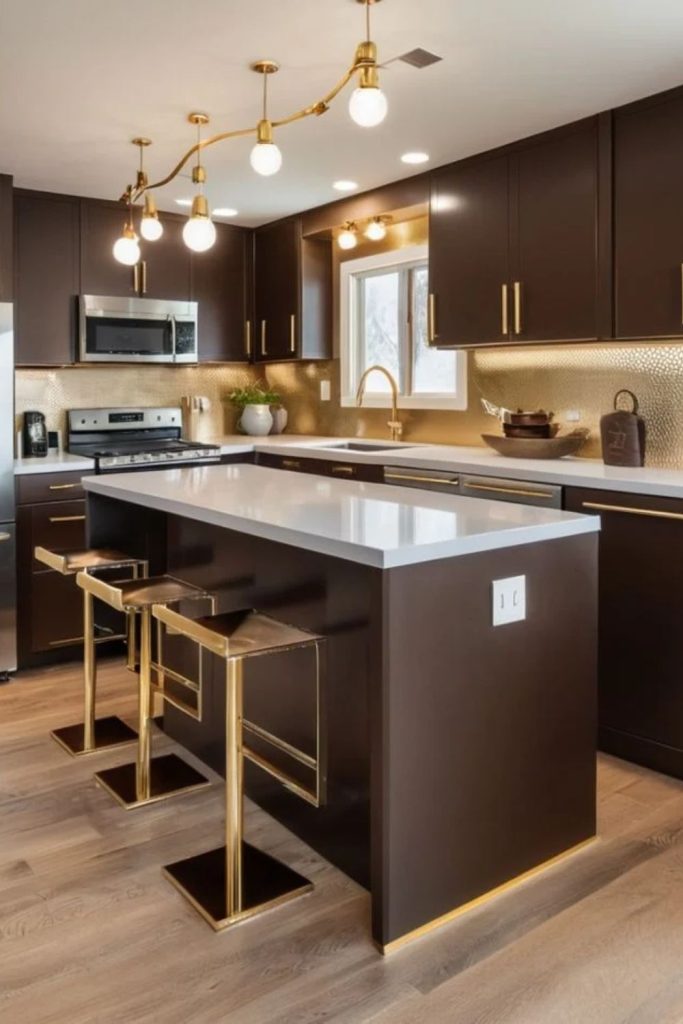 Chocolate kitchen with brass accents