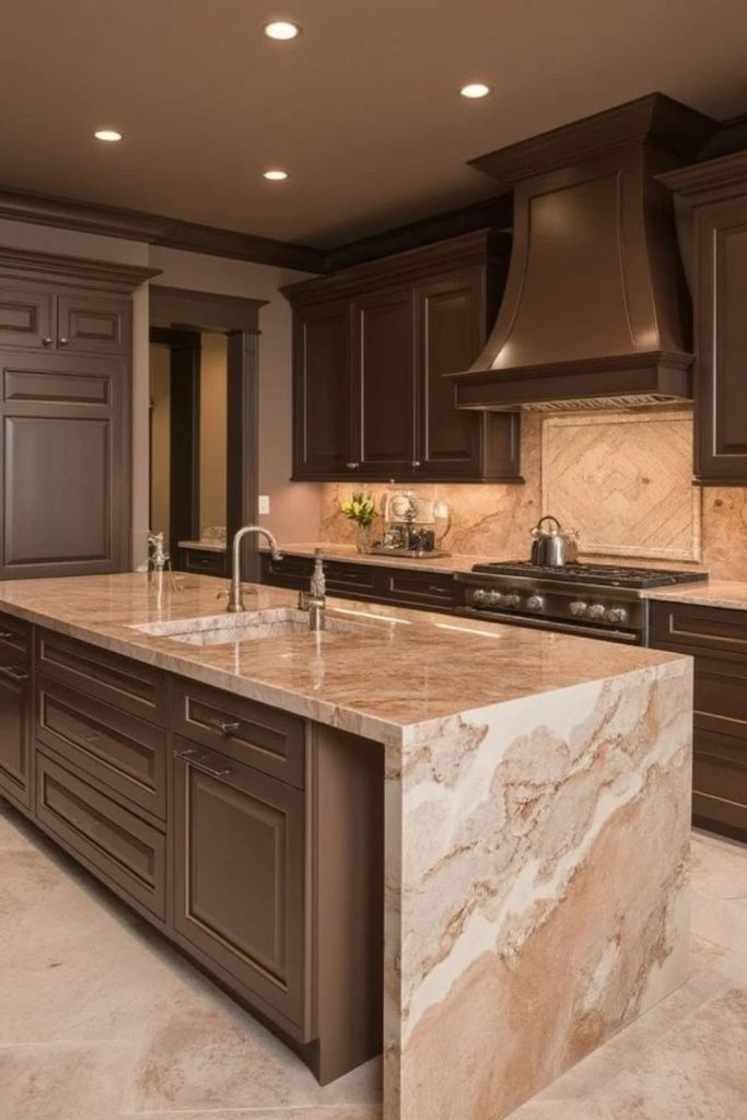 Chocolate kitchen with creamy stone