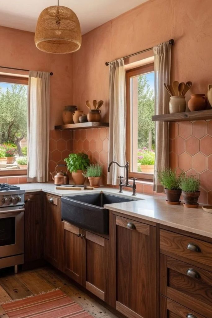 Chocolate kitchen with terracotta accents
