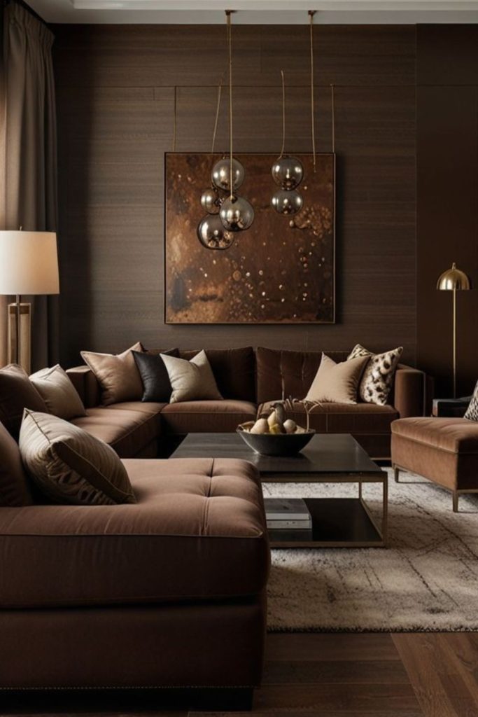 Luxurious chocolate brown winter living room.