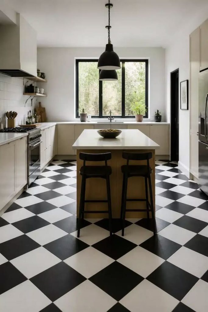 Classic black white checkerboard floor.