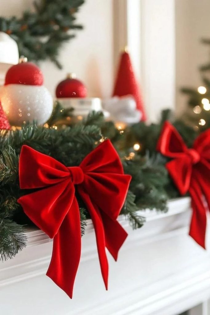 Classic red ribbon Christmas mantel display.