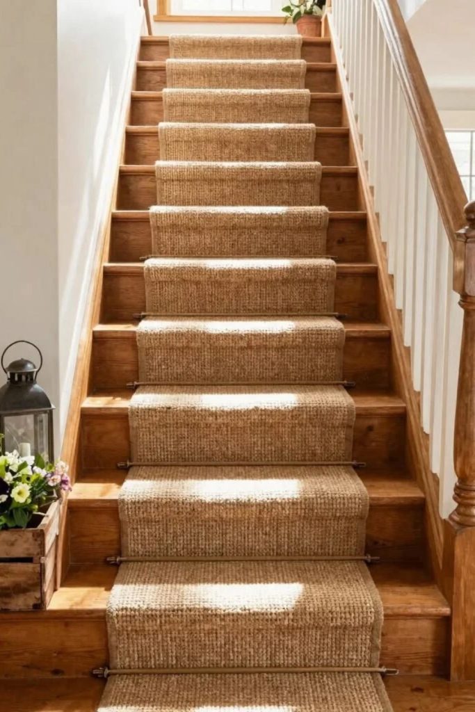 Classic runner staircase with brass accents.