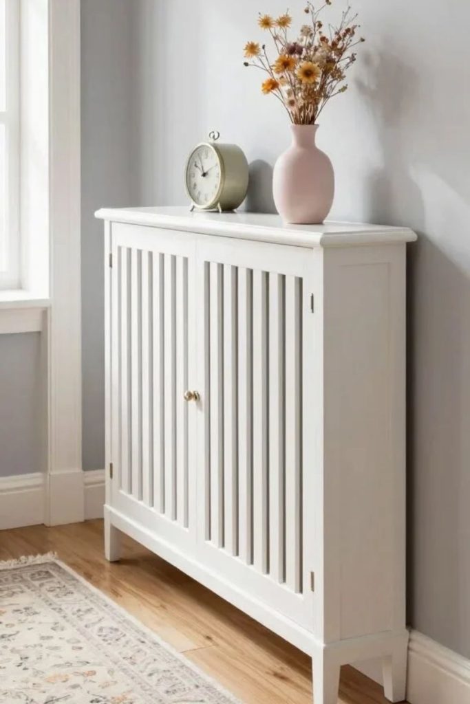 Classic white slatted radiator cover design.