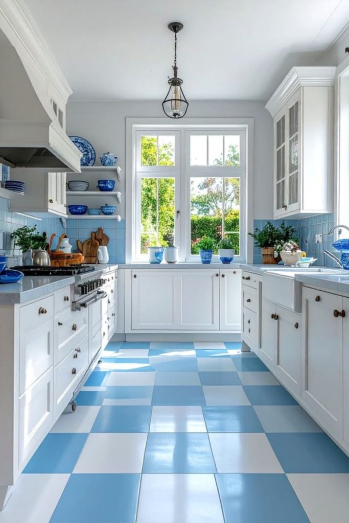 Coastal blue cream checkerboard tiles.