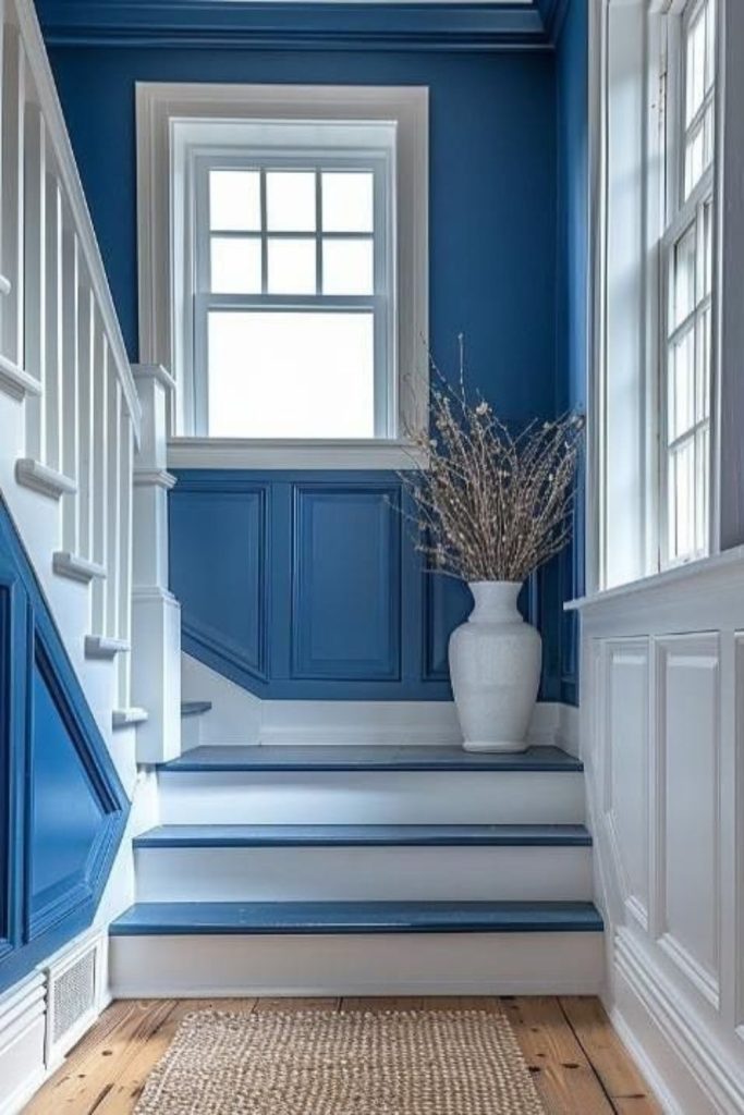Coastal blue staircase with natural accents.
