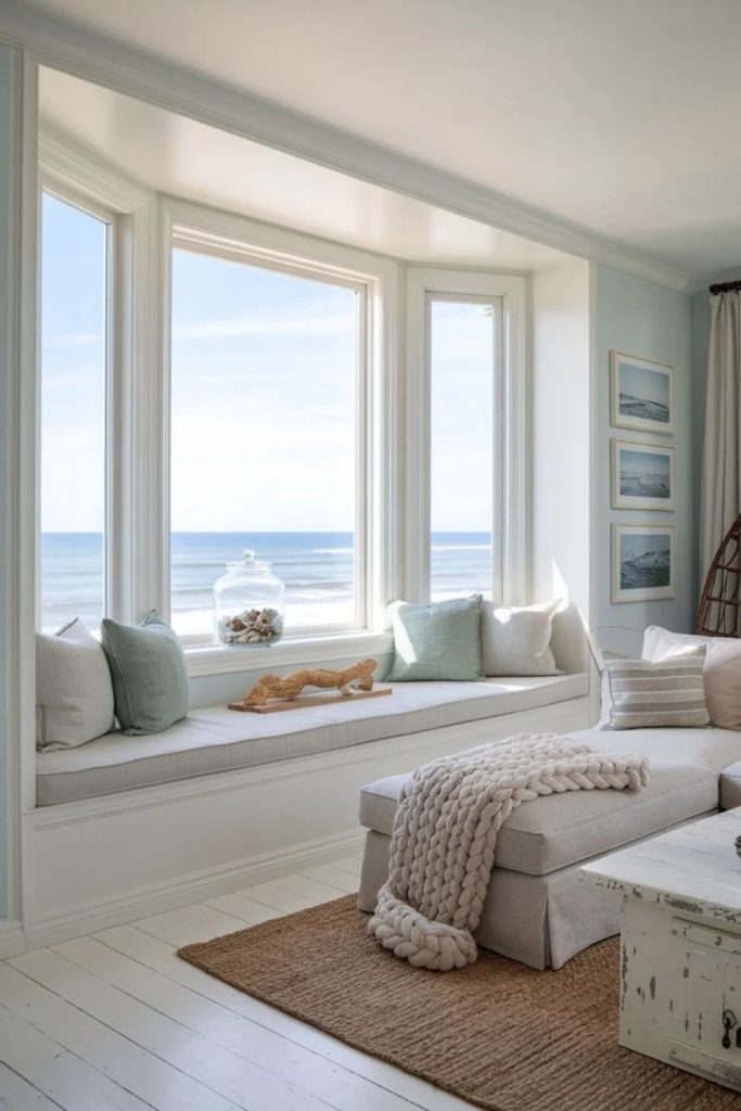 Coastal-inspired bright bay window nook.