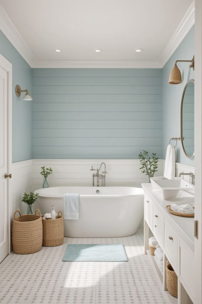 Soft blue coastal ensuite bathroom.