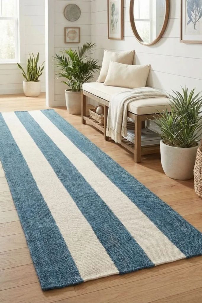 Blue coastal hallway runner decor.