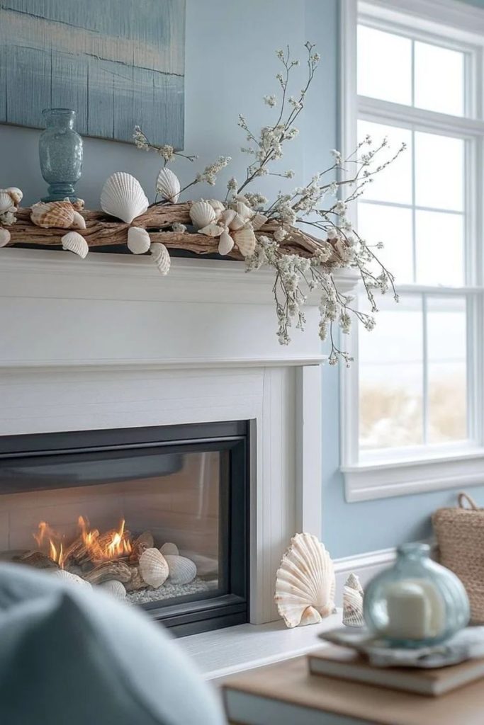 Coastal Christmas mantel with blue ornaments.