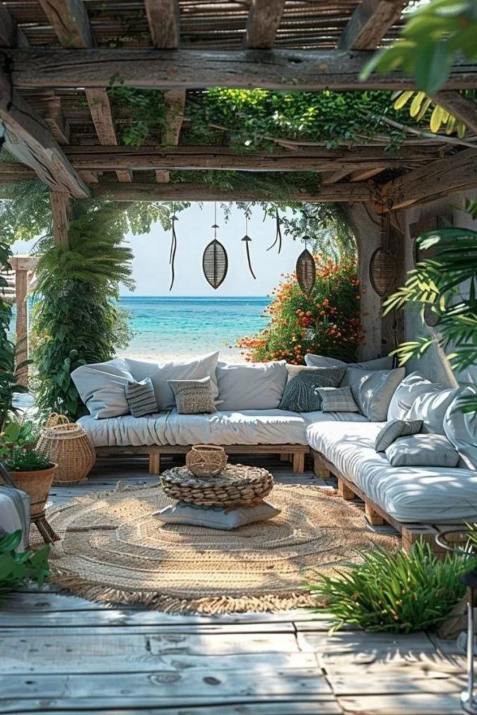 Coastal courtyard with pale breezy decor.