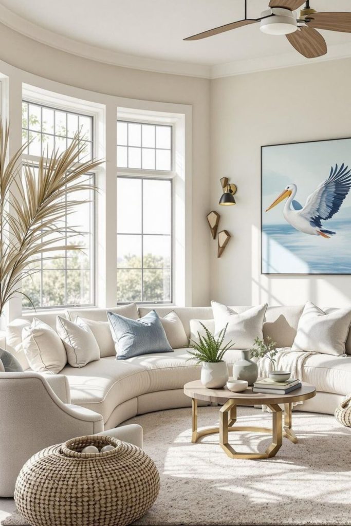 Coastal blue curved sofa interior.