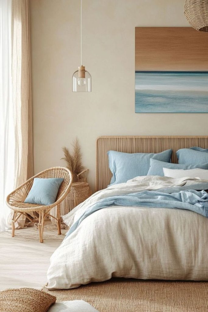 Coastal Scandi bedroom with blue accents.