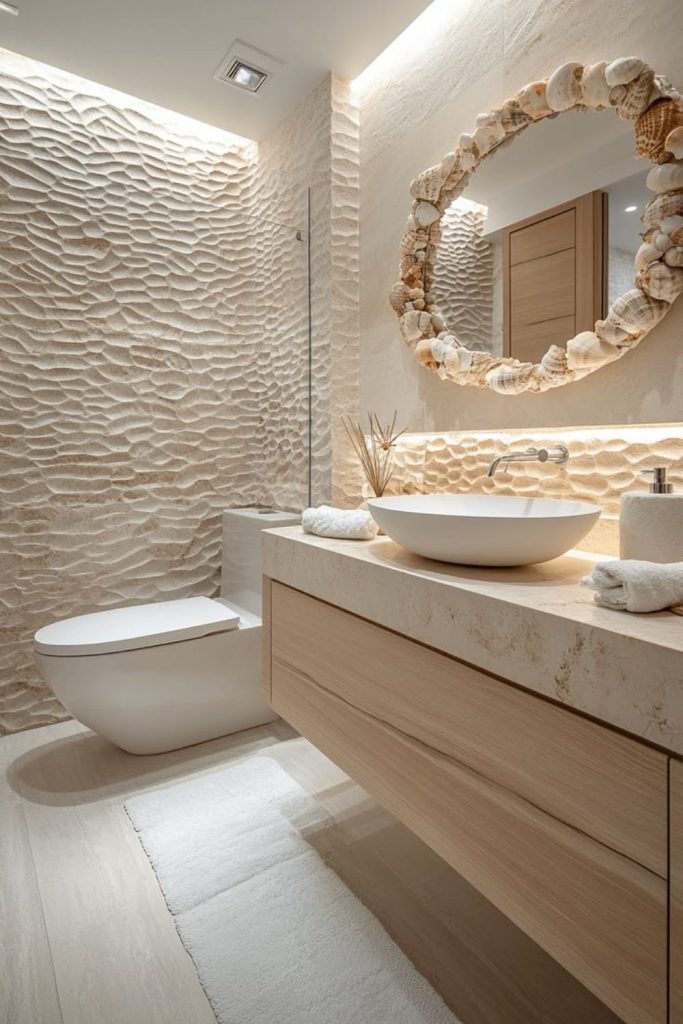 Breezy coastal powder room design.