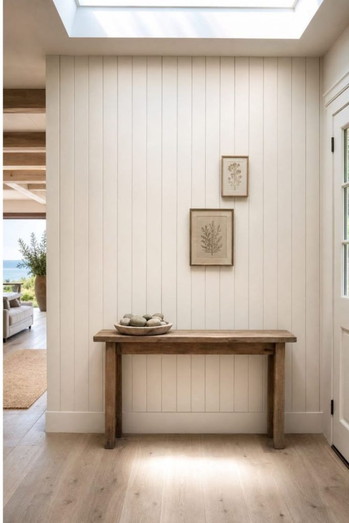 Coastal white horizontal wall paneling.